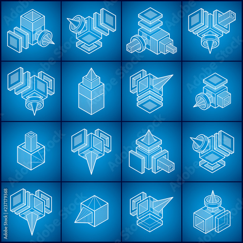 3D engineering vectors, abstract shapes collection.