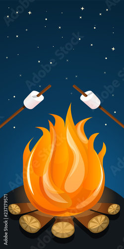 Marshmallow on fire camp concept banner. Cartoon illustration of marshmallow on fire camp vector concept banner for web design