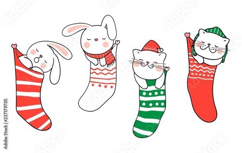 Draw cat and rabbit sleep in Christmas sock for Christmas.