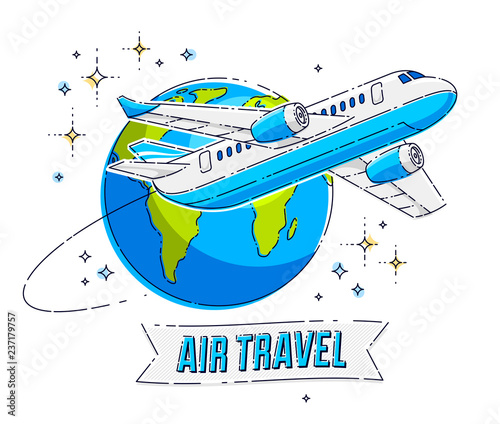 Plane airliner with earth planet and ribbon with typing, airlines air travel emblem or illustration. Beautiful thin line vector isolated over white background.