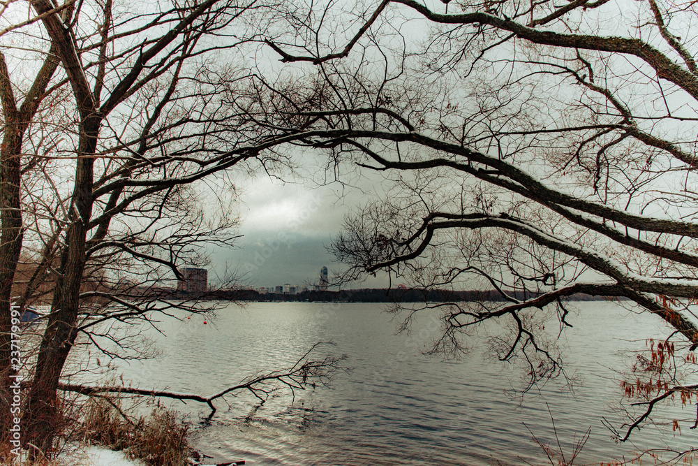 View of Strogino floodplain in November. Moscow, Russia View of Strogino floodplain in November. Moscow, Russia