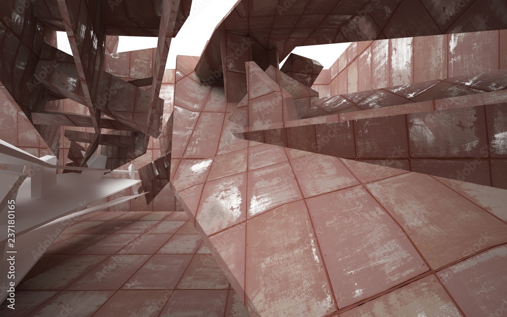 Empty smooth abstract room interior of sheets rusted metal with glossy white surface. Architectural background. 3D illustration and rendering Empty smooth abstract room interior of sheets rusted metal with glossy white surface. Architectural background. 3D illustration and rendering