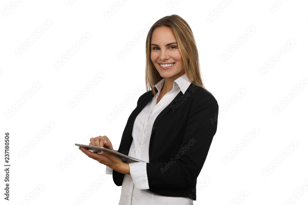 Junge Frau mit Computertablet lacht Junge Frau mit Computertablet lacht