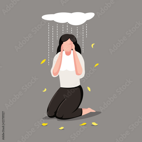 Depression woman character. Sad girl under cloud with rain vector cartoon illustration.