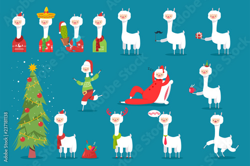 Cute Christmas llama in Santa hat, reindeer antlers, with tree, bag and box of gifts, cup of coffee, in Mexican hat and cactus. Vector flat holiday funny character set isolated on background.
