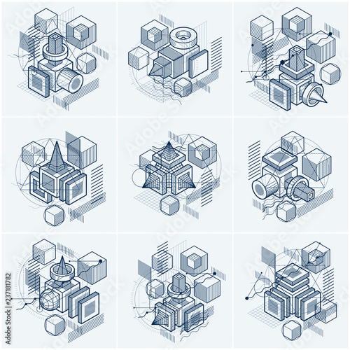 Abstract backgrounds with isometric elements, vector linear art with lines and shapes. Cubes, hexagons, squares, rectangles and different abstract elements. Vector set.