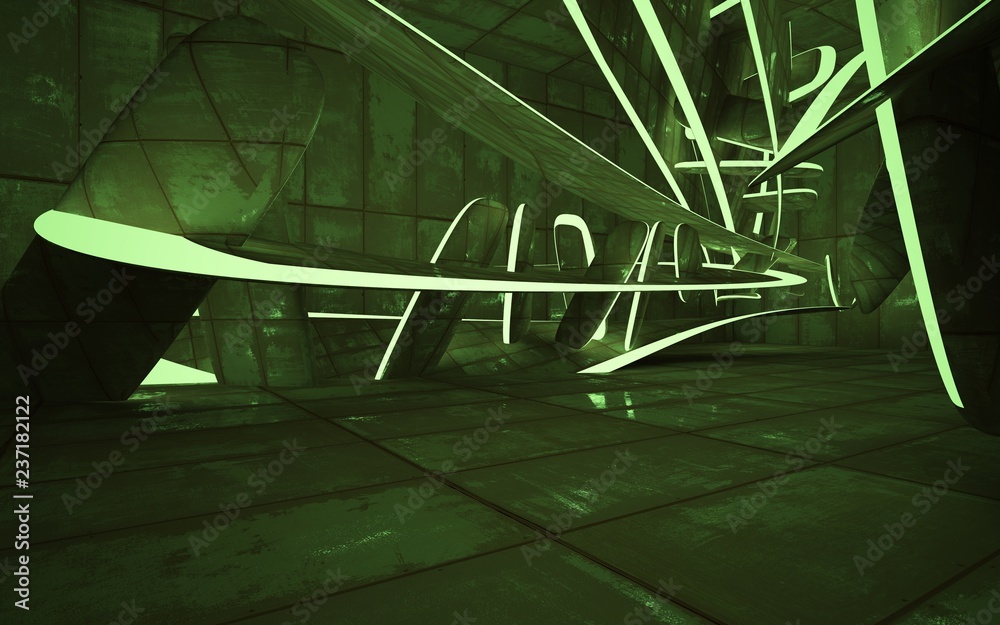 Obraz premium Empty smooth abstract room interior of sheets rusted metal and green light. Architectural background. Night view of the illuminated. 3D illustration and rendering