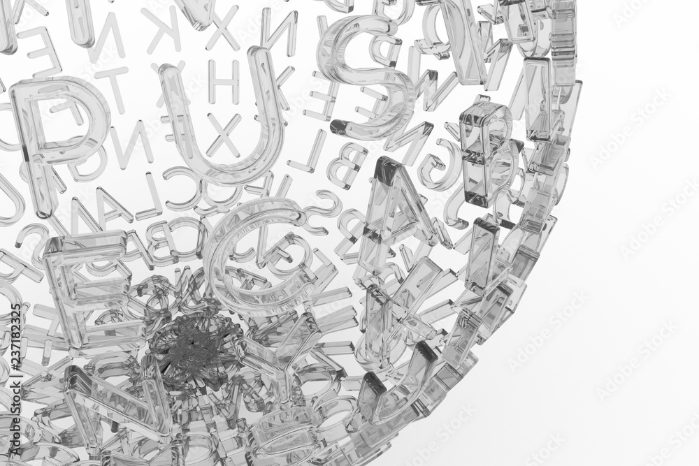 Naklejka premium Alphabets character, illustrations of CGI typography transparency glass, b&w black & white sphere or planet.