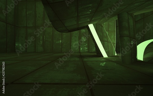 Empty smooth abstract room interior of sheets rusted metal and green light. Architectural background. Night view of the illuminated. 3D illustration and rendering