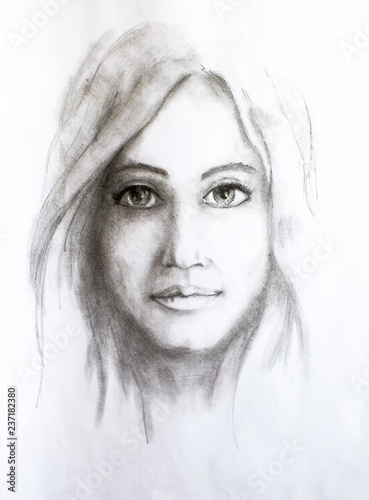 Fototapeta Naklejka Na Ścianę i Meble -  Portrait of a girl, drawn in pencil on white album paper