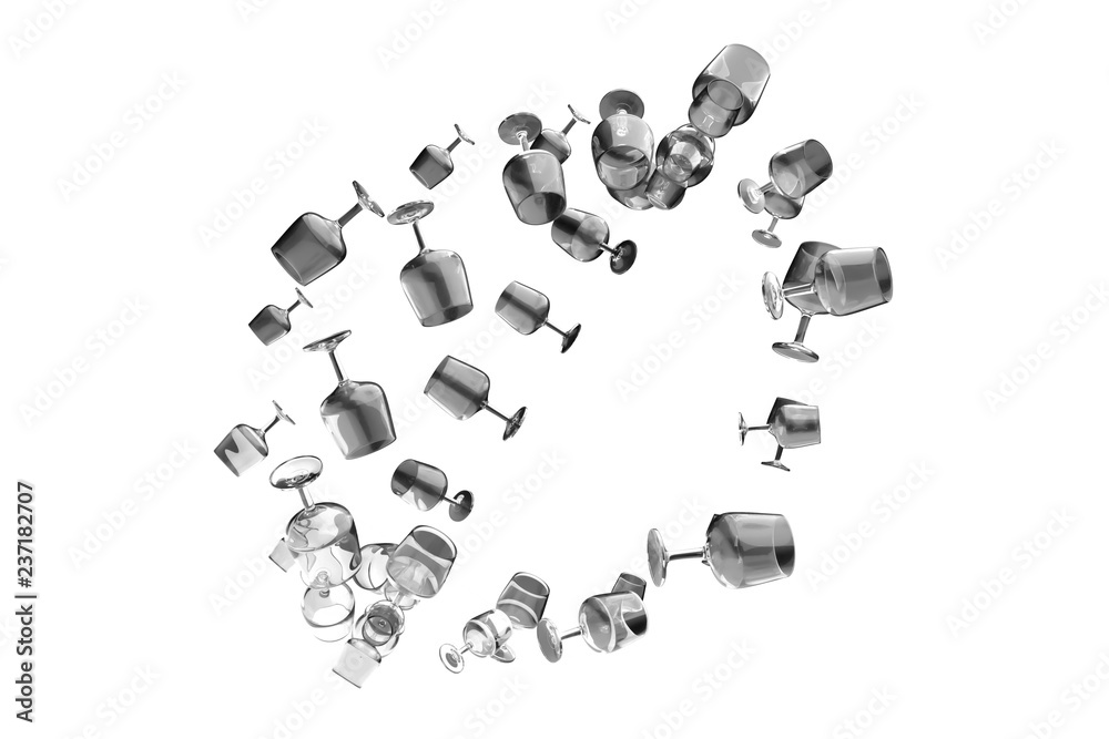 Floating transparent glasses. 3D rendering, black & white B&W. Floating transparent glasses. 3D rendering, black & white B&W.