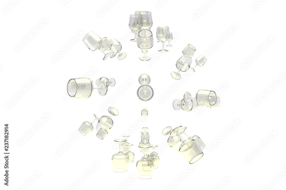 Floating transparent glasses. 3D rendering, black & white B&W.
