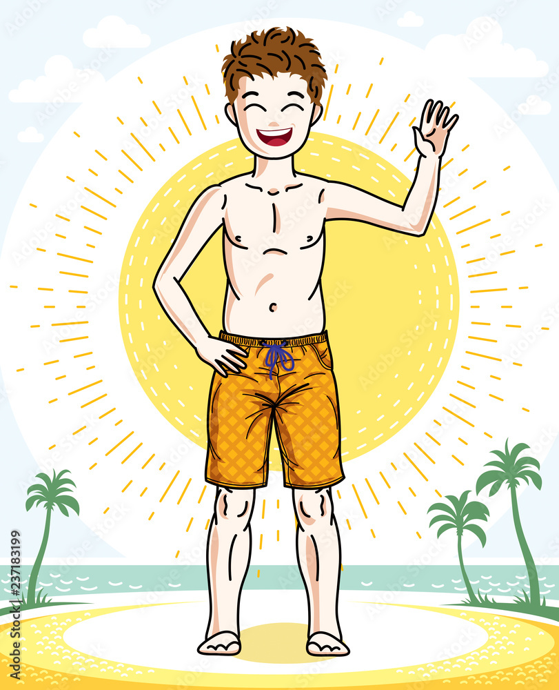Little boy cute child standing in colorful stylish beach shorts. Vector character. Childhood lifestyle cartoon.