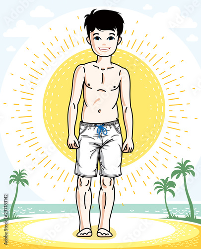 Little boy standing wearing fashionable beach shorts. Vector attractive kid illustration. Fashion theme clipart.