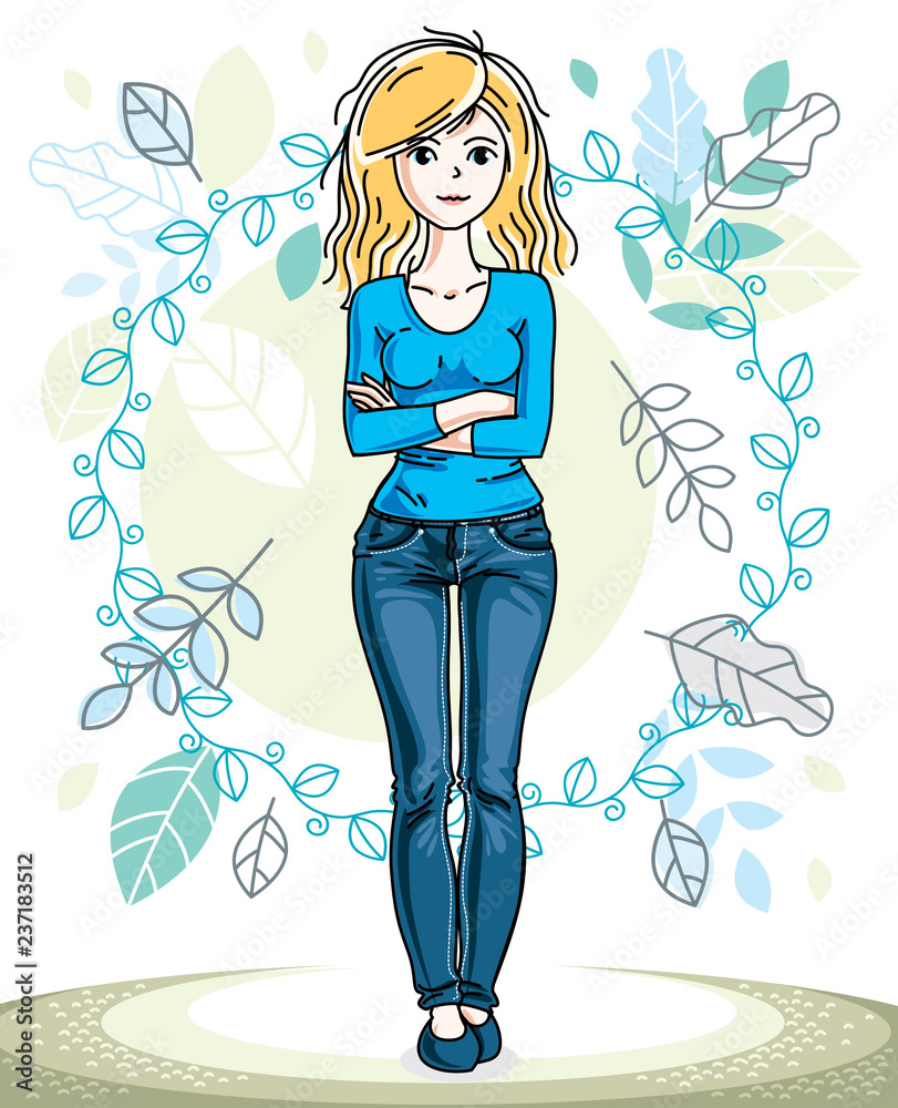 Happy young blonde woman posing on background of spring landscape and wearing fashionable casual clothes. Vector attractive female illustration. Springtime fashion and lifestyle theme cartoon. Happy young blonde woman posing on background of spring landscape and wearing fashionable casual clothes. Vector attractive female illustration. Springtime fashion and lifestyle theme cartoon.