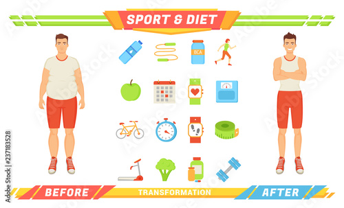 Sport and Diet Transformation Vector Illustration