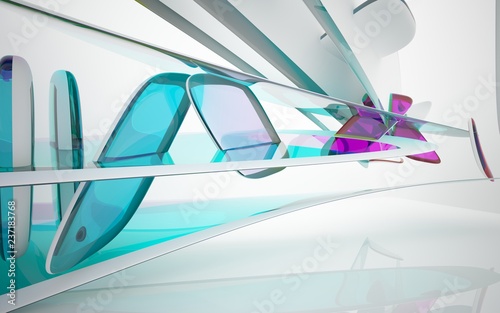 Abstract dynamic interior with white smooth objects and colored glass lines. 3D illustration and rendering