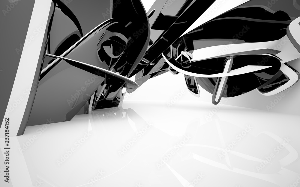 Obraz premium Abstract dynamic interior with black smooth objects . 3D illustration and rendering