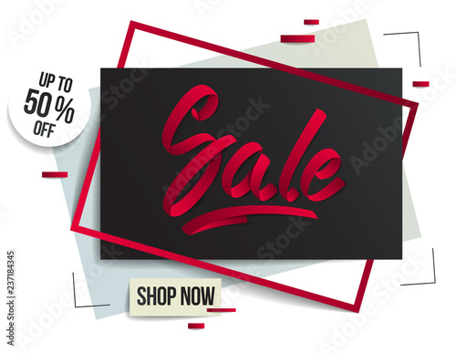 Sale flyer template with lettering, poster, card, banner, advertising design, moderate colors vector modern style cartoon paper cut 3d illustration.