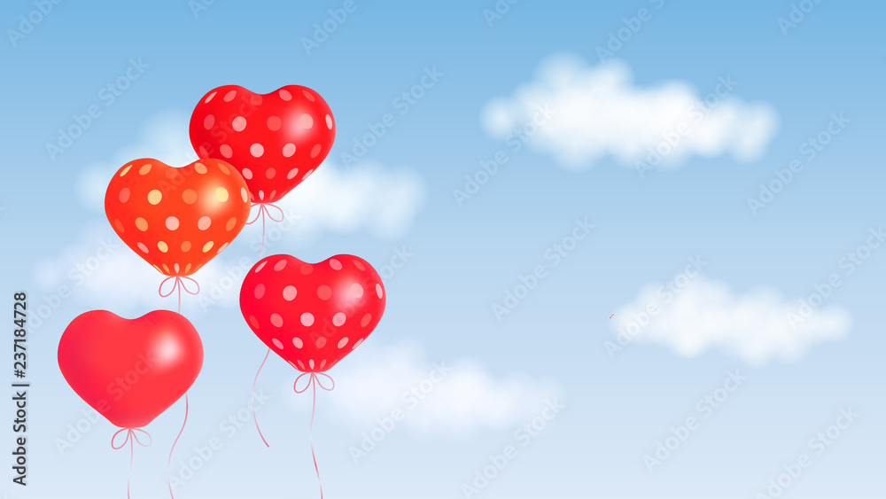 Vector illustration with blue sky, white clouds and soaring red balloons for greeting valentines cards, banner template