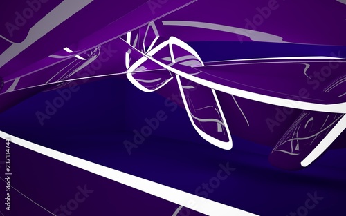 Abstract interior of the future in a minimalist style with violet violet sculpture. Night view from the backligh. Architectural background. 3D illustration and rendering photo