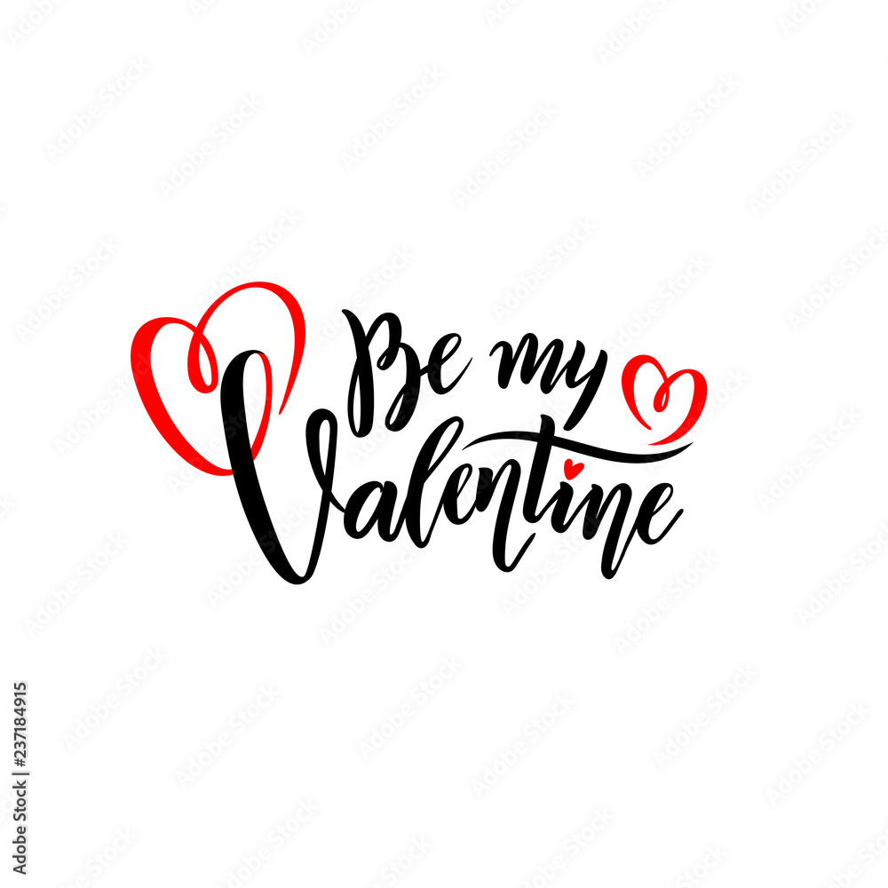 Vector romantic handwritten lettering Be my Valentine. Calligraphic Isolated text for Happy Valentine's Day with hearts
