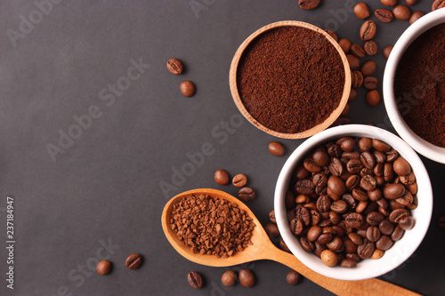  Different types of coffee top view. Coffee beans, instant and ground coffee. Fragrant coffee drinks. flat lay © White bear studio 