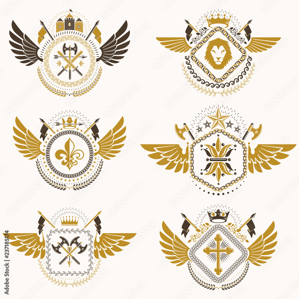 Heraldic emblems with wings isolated on white backdrop. Collection of vector symbols in vintage style created using heraldry elements like crowns, towers, crosses and armory. Heraldic emblems with wings isolated on white backdrop. Collection of vector symbols in vintage style created using heraldry elements like crowns, towers, crosses and armory.