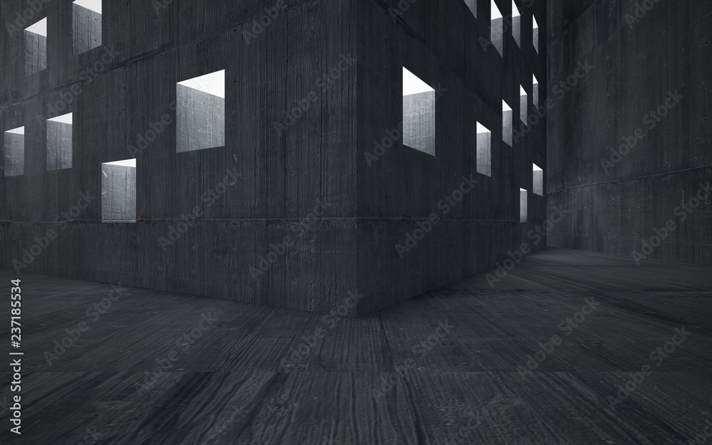 Obraz premium Abstract background in the form of high-rise buildings made of dark concrete.. Night view of the illuminated. 3D illustration and rendering