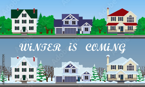 vector street. family houses set. winter street.