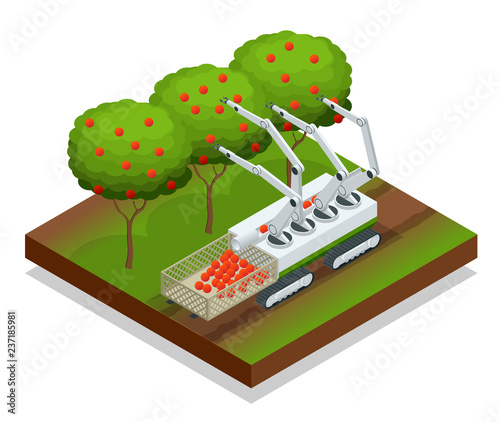 Isometric automatic guided robots harvest fruit from trees. Agricultural machinery robots mechanical arm working technology.
