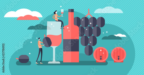 Wine vector illustration. Mini persons drinking alcoholic beverage concept.