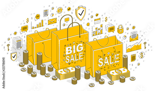 Big Sale concept, Retail, Sellout, Shopping Bag with cash money stacks isolated on white background. Vector 3d isometric business illustration with icons, stats charts and design elements.