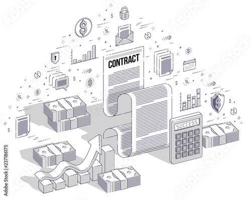 Financial contract concept, paper legal document and cash money stacks isolated on white background. Vector 3d isometric business illustration with icons, stats charts and design elements.