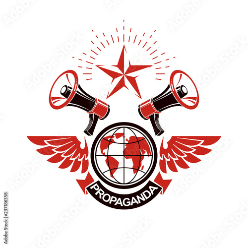 Advertising leaflet composed with loudspeakers and Earth globe, vector illustration. Disinformation idea, misleading information concept, brainwashing theme