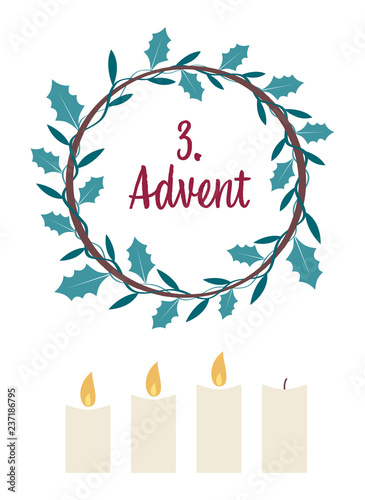 an advent wreath with candles. the 3. Advent.