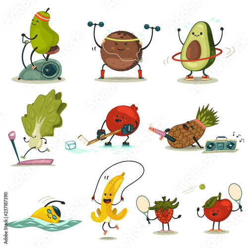Funny fruits and vegetables take exercise. Eating healthy and fitness. Cute  food cartoon character vector set. Stock Vector | Adobe Stock