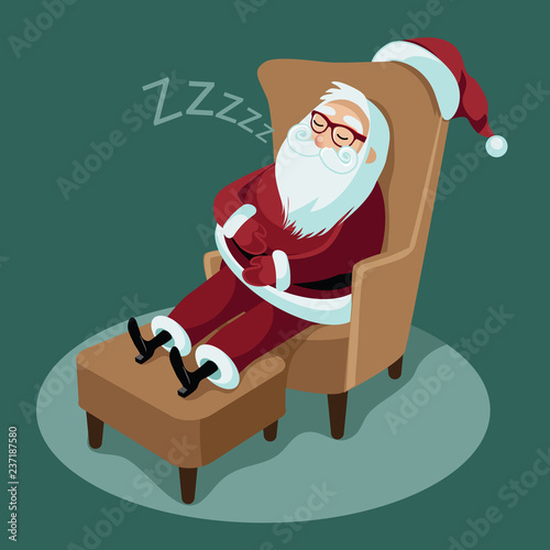 Cartoon illustration of cheerful Santa Claus napping in a wing chair after he's delivered all the presents for Christmas. Eps10 vector in contemporary flat style.