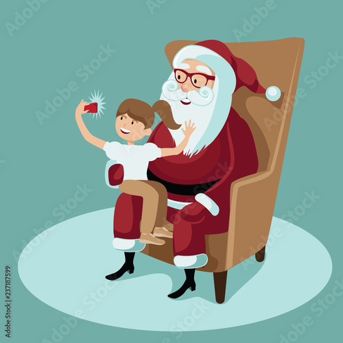 Cartoon illustration of cheerful Santa Claus sitting in a wing chair with a little girl on his lap explaining what she wants for Christmas. Eps10 vector in contemporary flat style.
