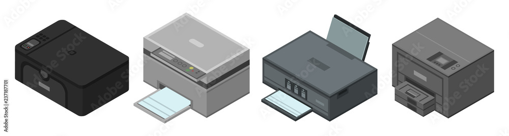 Printer icon set. Isometric set of printer vector icons for web design isolated on white background Printer icon set. Isometric set of printer vector icons for web design isolated on white background