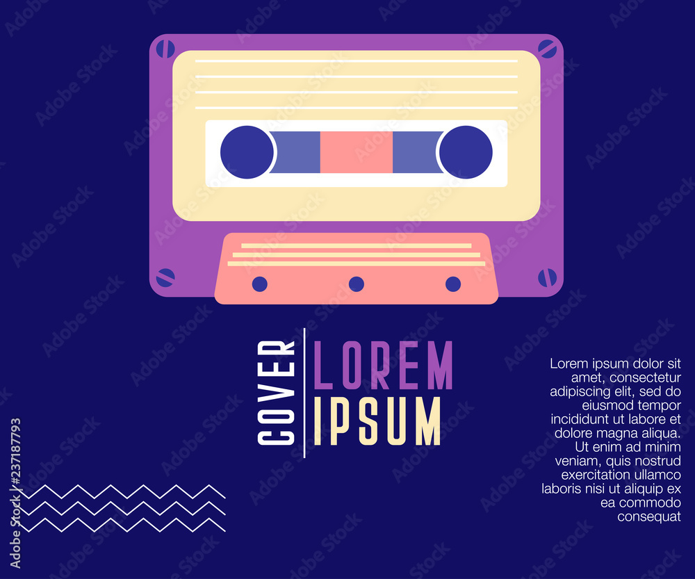 Retro party 80's banner, cover or invitation card with cassete tape. Old style vector poster