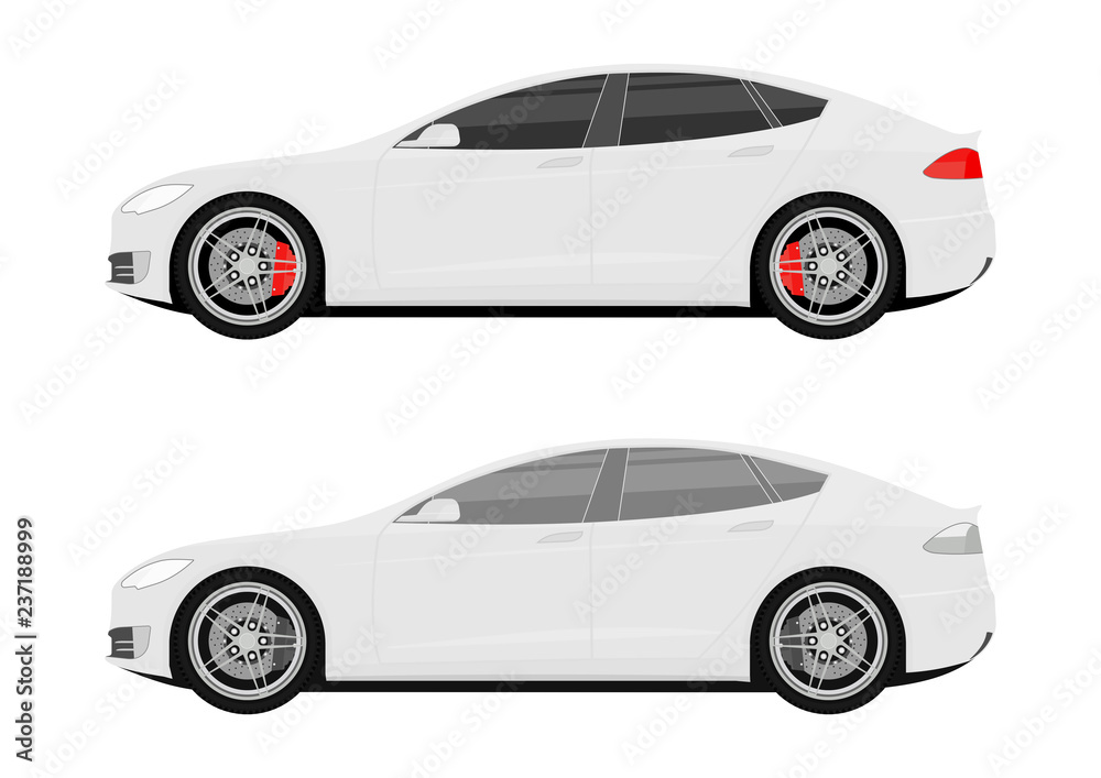 Set of two icons of modern cars. Side view. Flat vector.