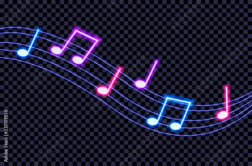 Vector Neon Ultraviolet Colorful Music Notes on Dark Background Illustration.