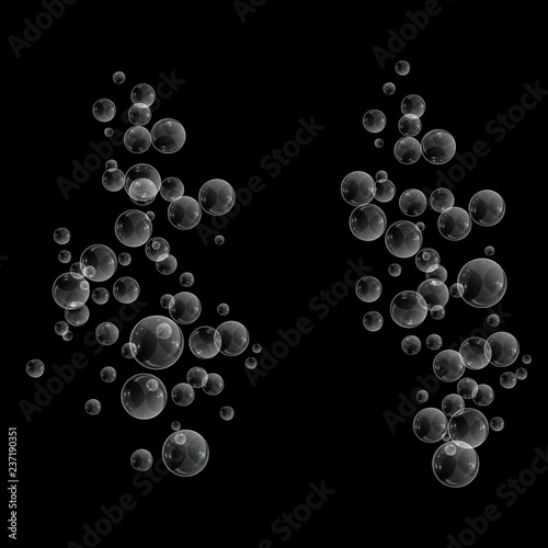 Bubbles underwater texture isolated on black background. Fizzy sparkles in water, sea, ocean. Undersea illustration.
