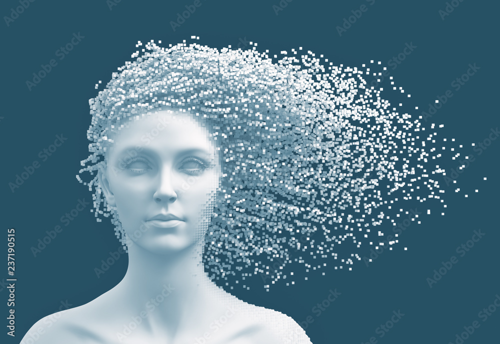 Head Of Young Woman And 3D Pixels As Hair On Blue Background