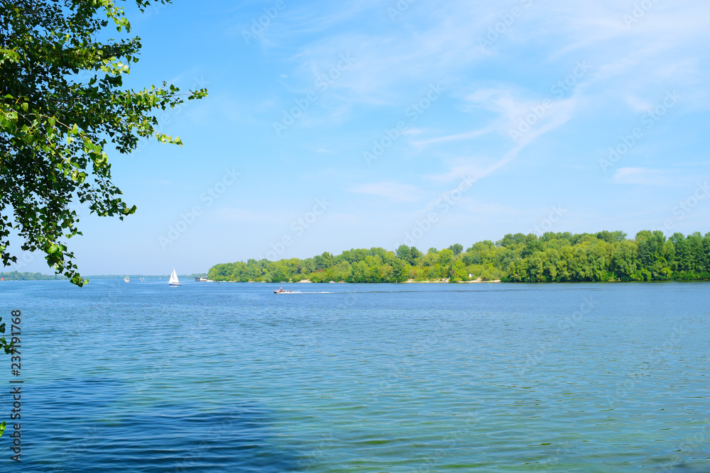 View through the green foliage of the river and forest green in the distance. View through the green foliage of the river and forest green in the distance.