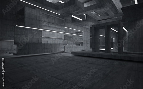 Empty dark abstract concrete room interior. Architectural background. Night view of the illuminated. 3D illustration and rendering