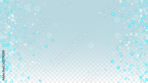 Christmas  Vector Background with Blue Falling Snowflakes Isolated on Transparent Background. Realistic Snow Sparkle Pattern. Snowfall Overlay Print. Winter Sky. Design for Party Invitation.
