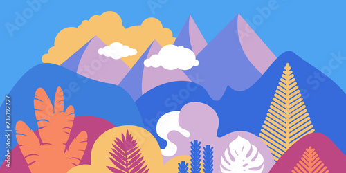 Mountain hilly landscape with tropical plants and trees, palms, succulents. Scandinavian style. Environmental protection, ecology. Park, exterior space, outdoor. Vector illustration.