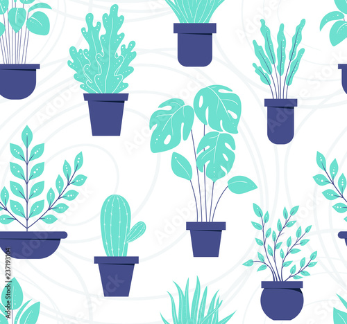 House plant seamless pattern. Flowerpot background. For textile